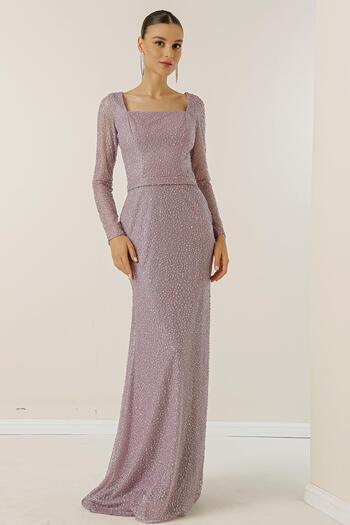 By Saygı Wide Cut - Square Collar Stone Detailed Long Dress