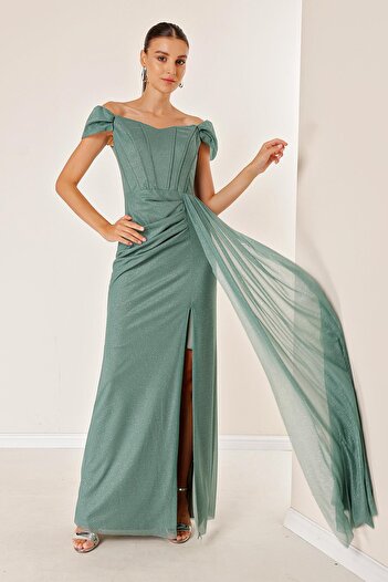 By Saygı Low Sleeve Front Draped Lined Underwire Long Lurex Dress