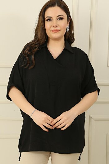 By Saygı Double Breasted Polo Neck Short Sleeve Ayrobin Plus Size Blouse