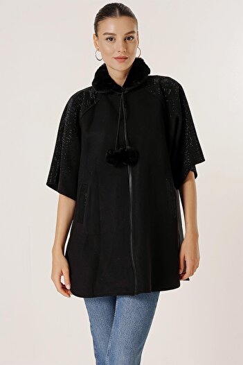By Saygı Collar Furry Pompom Detailed Pocket and Sleeves Beaded Front Zipper Imported Stash Poncho Coat