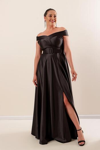 By Saygı Madonna Yaka Waist Belt Lined Slit Plus Size Long Satin Dress