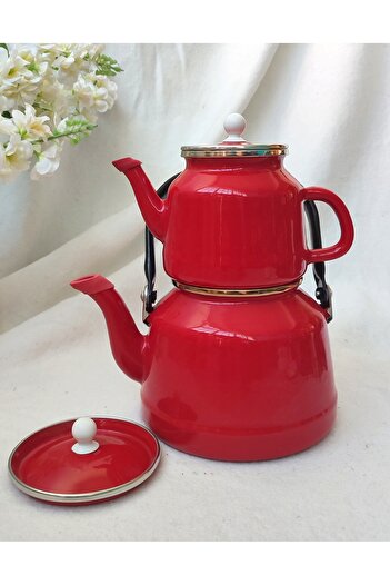 EBRULİEMAYE Red Erzurum Type Enameled Teapot Black Handle Large Size