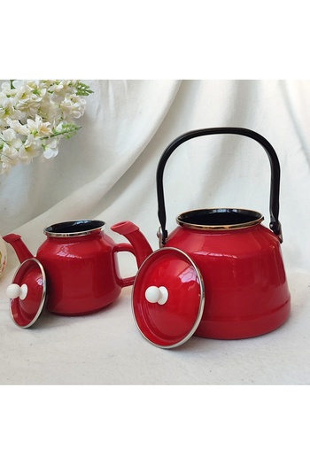 EBRULİEMAYE Red Erzurum Type Enameled Teapot Black Handle Large Size