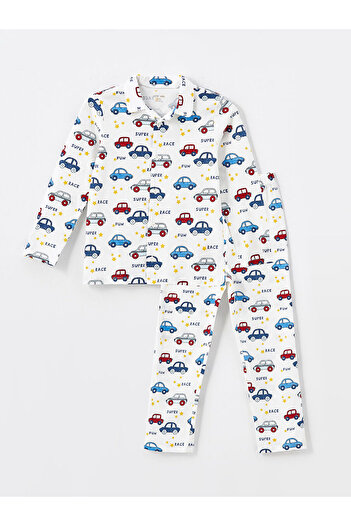 LC Waikiki Lcw Baby Ecru Printed Polo Collar Long Sleeve Printed Baby Boy Pajama Set
