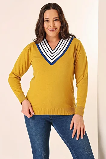 By Saygı Striped V-neck Large Size Knitwear Sweater