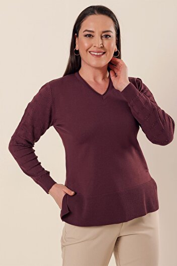 By Saygı Plus Size Acrylic Sweater with V-Neck Sleeves Model Side Slits