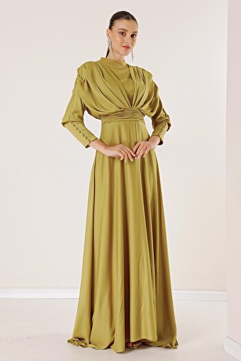 By Saygı Front Back Gathered Sleeves Button Detailed Lined Long Satin Dress