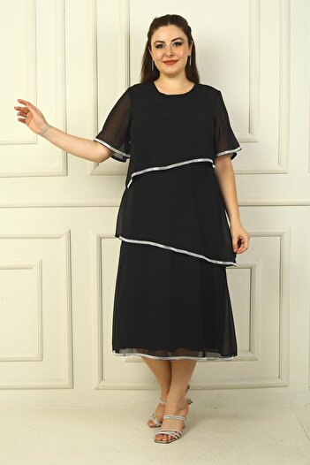 By Saygı Stone Detailed 3 Layer Chiffon Plus Size Dress - Short Sleeve Lined