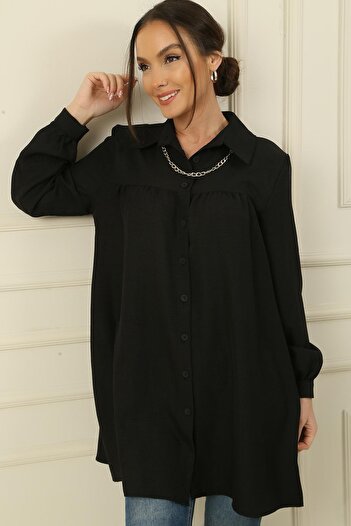 By Saygı Shirred Shirt with Chain Necklace and Front Robe