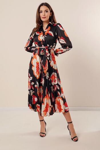 By Saygı Front Half Button Waist Belted Pleated Floral Print Lined Satin Dress