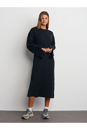 Dilvin 90236 Crew Neck Slit Stitching Detailed Knitwear Dress-Anthracite