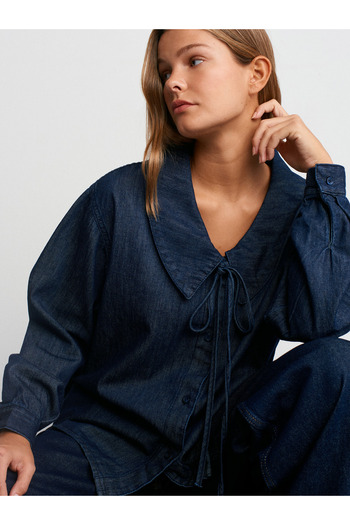 Dilvin 50745 Cămașă din denim cu guler cu șireturi-albastru marin