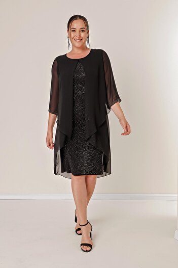 By Saygı Stone Detailed on the Front and Sleeve Ends and Chiffon Top B.B. Lycra Dress