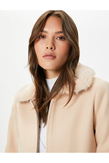 Koton Long Stretch Coat Removable Faux Fur Collar Zippered