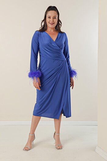 By Saygı Double Breasted Collar Lined Sleeve Ends Feathered Lycra Plus Size Dress
