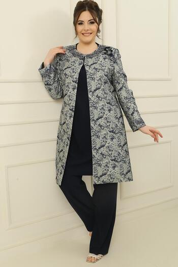 By Saygı Jewelry with Stone Detail on Collar and Sleeves, Lined Jacquard Jacket with Tank Top and Trousers Inside, Large Size 3-Piece
