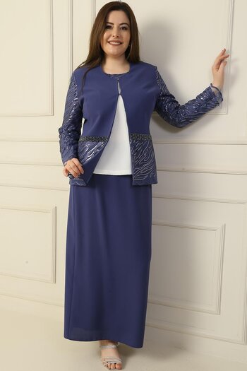 By Saygı Inside Half Moon Sleeve Blouse Sequin Embroidery Bead Detailed Jacket Skirt Lined Large Size 3-Piece Set
