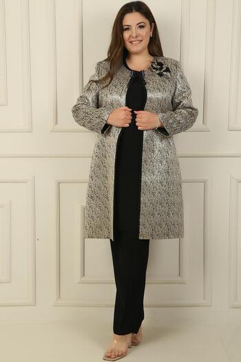 By Saygı Plus Size 3-Piece Set - Sleeveless Slit Blouse, Bead Detailed Lined Long Jacquard Jacket and Trousers