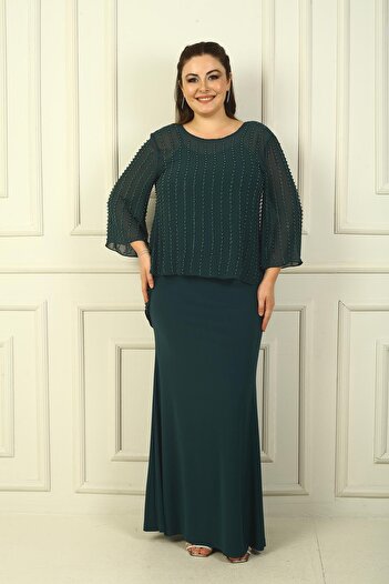 By Saygı Plus Size Beaded Chiffon Blouse and Long Sandy Dress - Rope Strap and Buttoned Back 2-Piece Set