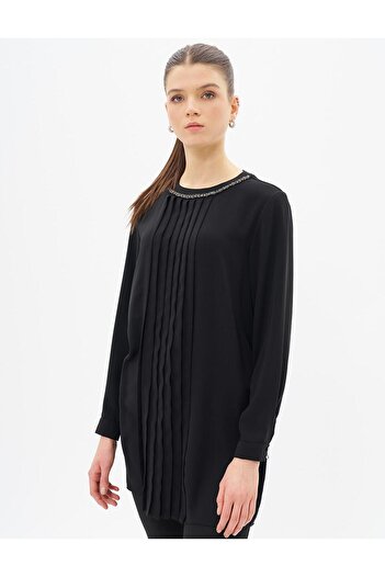Kayra Crew Neck Tunic - Ribbed Detail, Black