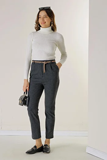 By Saygı Plaid Skinny Leg Trousers with Elastic Waist Belt and Side Pockets