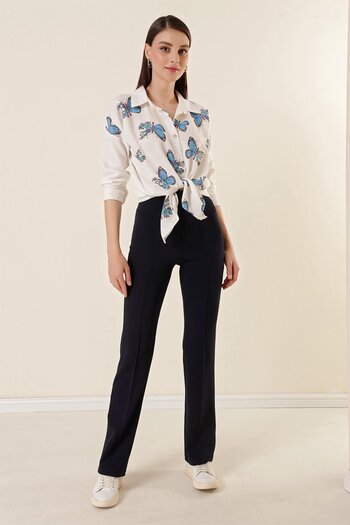 By Saygı High Waist Knitted Crepe Patchwork Palazzo Trousers Navy Blue