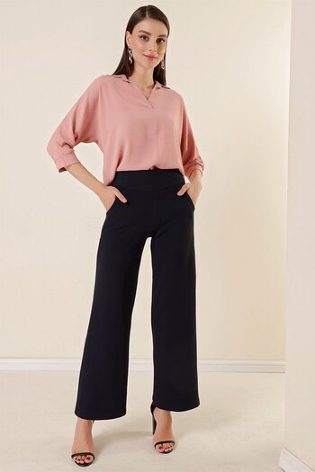 By Saygı Knitted Crepe Palazzo Trousers with Belted Pockets