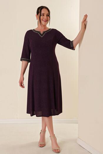 By Saygı Plus Size Glitter Dress with Lapel and Sleeves Stone Detail Lining