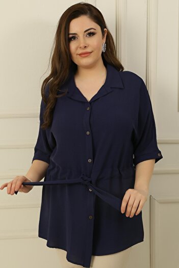 By Saygı Large Size Ayrobin Tunik Shirt with Belted Waist and Buttoned Front