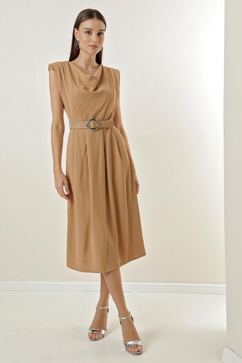 By Saygı Off-the-shoulder Neckline Belted Waist Pleated Front Ayrobin Dress