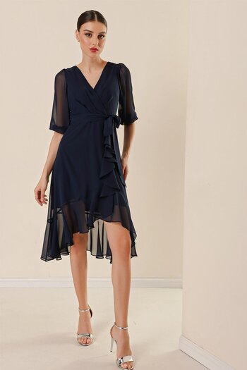 By Saygı Double Breasted Collar Skirt Flounced Waist Belted Lined Balloon Sleeve Wide Size Chiffon Dress