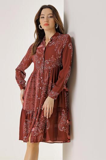 By Saygı Buttoned Front Shawl Patterned Pleated Viscose Crepe Dress