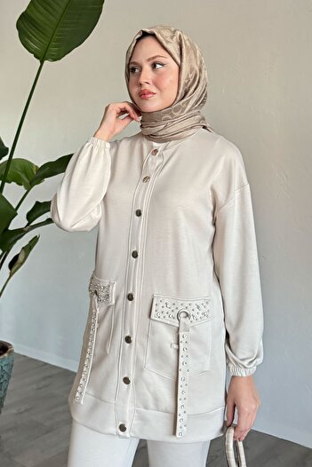 InStyle Stone Detailed Cream Double Set - Pockets