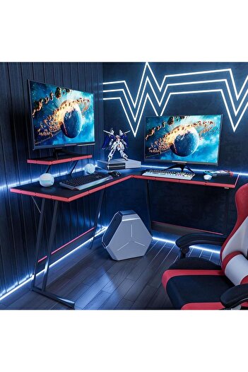 Mahmayi L-Shaped Computer Desk, PC Gaming Corner Desk Table with Large Monitor Riser Stand for Home