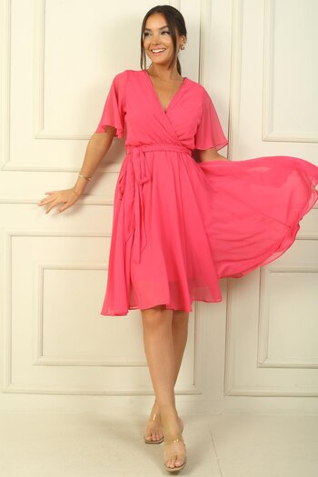 By Saygı Women's Double Breasted Neckline Flounce Sleeves Lined Chiffon Dress