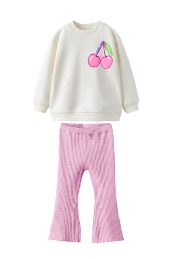 Lolliboomkids Girl's Cherry Print Ribbed Spanish Leg Leggings 3 Thread Bottom Top Set