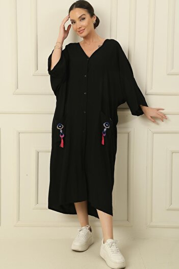 By Saygı V-Neck Tassel Double Pocket Embroidered Oversize Comfortable Fit Long Viscose Dress