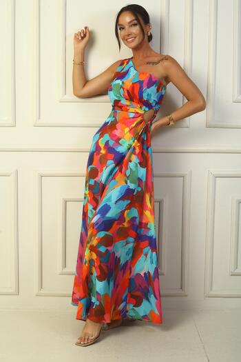 By Saygı Women's One Shoulder Side Window Multicolor Long Crepe Satin Dress