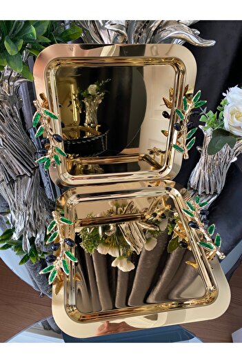 atabey home collection 6 ADET Kahve & Çay & Sunum Tepsisi Gold Tepsi YEŞİL ZEYTİN DALI DÖKÜMLÜ