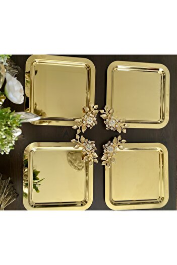 atabey home collection 6'lı Kahve & Çay & Sunum Tepsisi Gold LÜX KRİSTALİZE TAŞLI Model