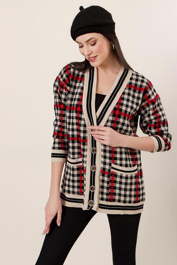 By Saygı Plaid Patterned Acrylic Cardigan with Pockets