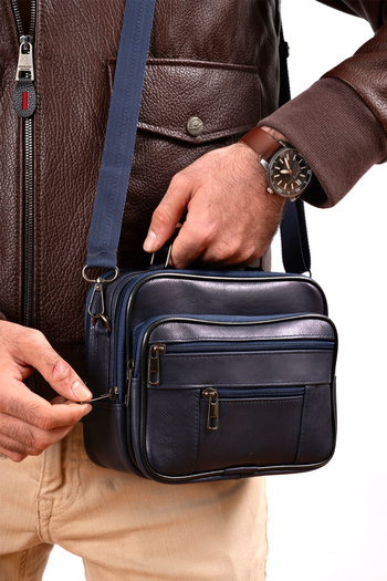 CüzCan Men's Navy Blue Horizontal Model Steel Case Genuine Leather Hand and Shoulder Bag (Medium Size)