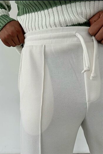 MADZEYMODA Boyfriend Men's Stitched Waffle Fabric Elastic Waist White Jogger
