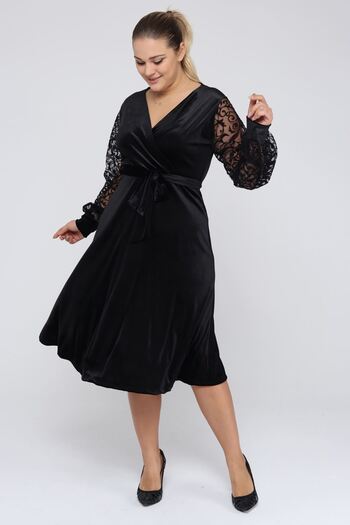 modayız Plus Size Double Breasted Lapel Velvet Dress 9E-2252