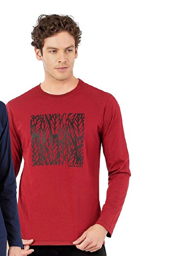 Pierre Cardin 6066 Men's Long Sleeve Crew Neck Pajama Set-Burgundy