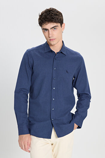 ALTINYILDIZ CLASSICS Чоловіча сорочка синього кольору, 100% бавовна, фланель, slim fit, вузький крій, класичний комір, з армурою