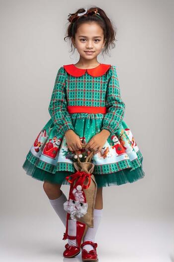 Riccotarz Girl's Square Striped Santa Claus Detailed Bebe Collar Christmas Green Dress