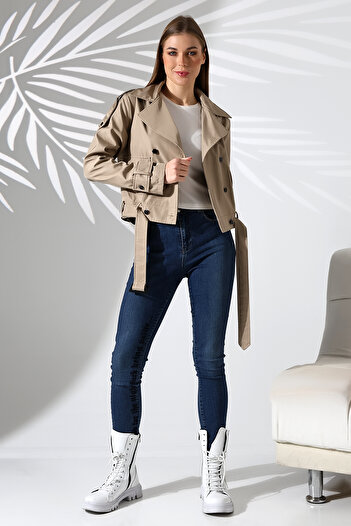 B.HE.Z Water Repellent Fabric - Women's Crop Trench Coat, Lined, Belt and Pocket, Mink