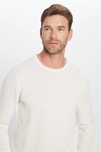 Tudors Men's Slim Fit Slim Fit Crew Neck Honeycomb Print White Knitwear Sweater