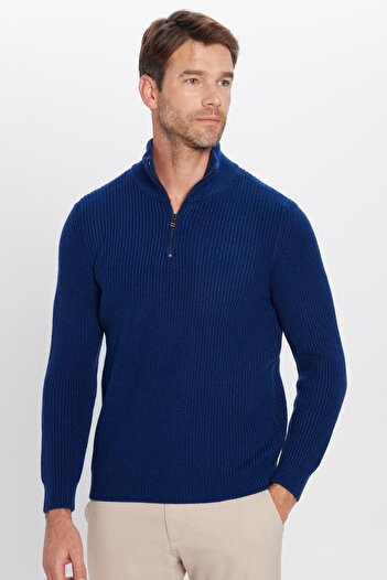 Tudors Чоловічий Slim Fit вузький крій на блискавці Sax синій трикотажний светр з високим коміром